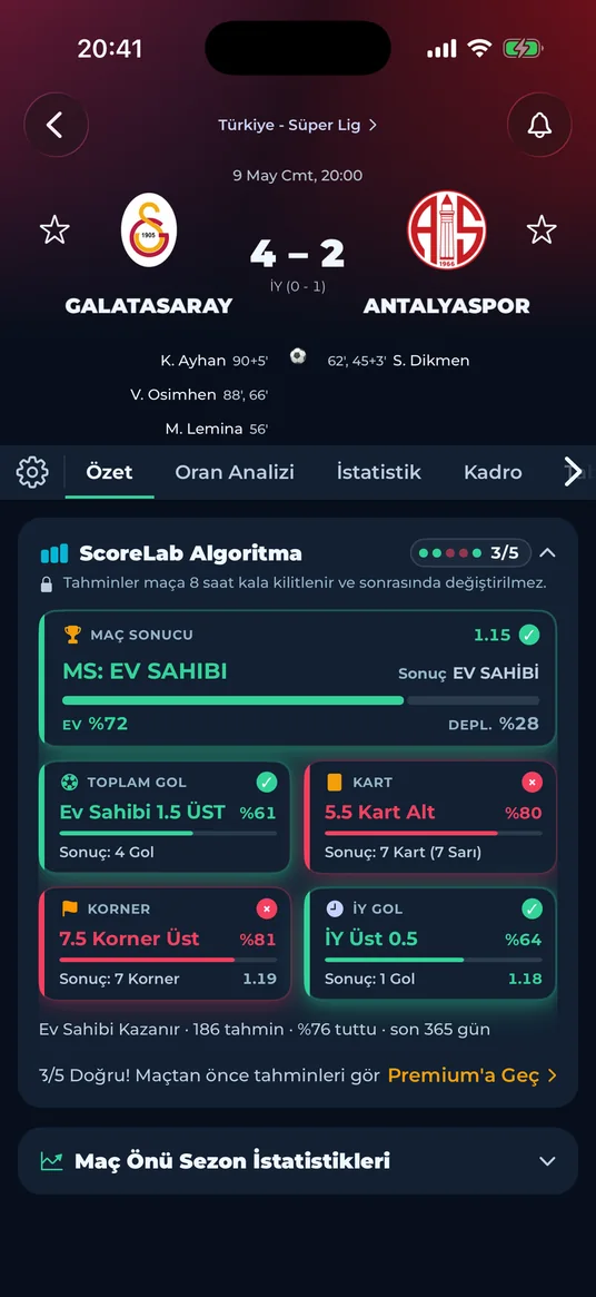 ScoreLab match summary screen: Galatasaray 4 – 2 Antalyaspor